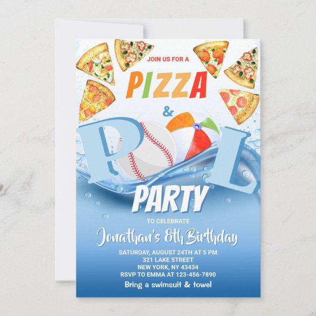 Invitación Cumpleaños de Pizza y Fiesta en la Piscina (Anverso)