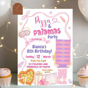 Invitación Cumpleaños de pizza y pijamas de niña rubia con la
