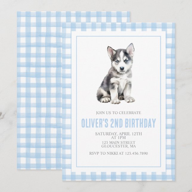 Invitación Cumpleaños de plaid preppy de cachorro (Anverso / Reverso)