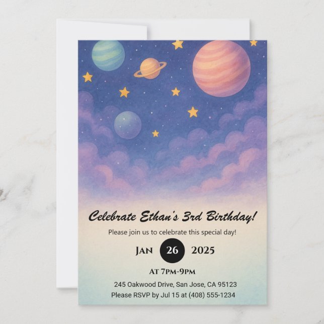 Invitación Cumpleaños de planetas pastel en el cielo nocturno (Anverso)