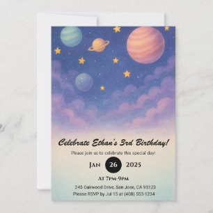 Invitación Cumpleaños de planetas pastel en el cielo nocturno