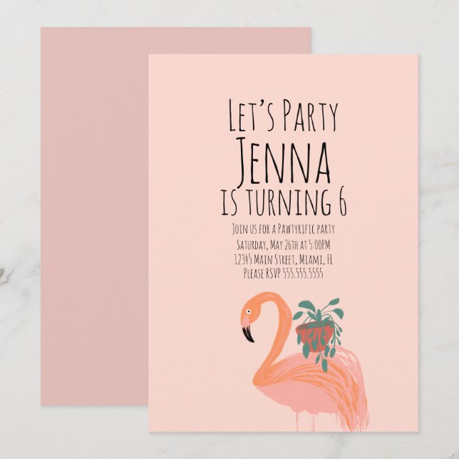 Invitación Cumpleaños de planta de flamenco lindo rosa (Anverso / Reverso)