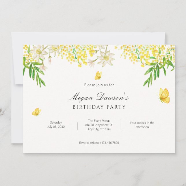 Invitación Cumpleaños de plantas de mariposa floridas amarill (Anverso)