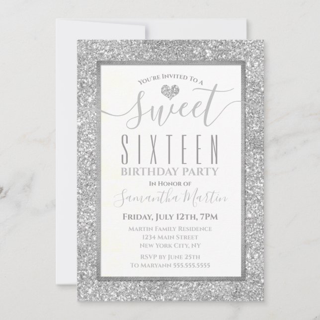 Invitación Cumpleaños de plata del corazón del purpurina del (Anverso)