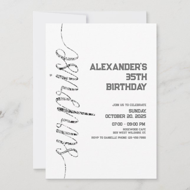 Invitación cumpleaños de plata minimalista (Anverso)