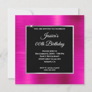 Invitación Cumpleaños de plata y negro con lámina rosa calien