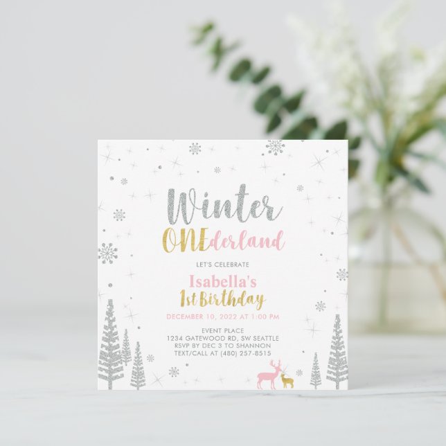 Invitación Cumpleaños de plata y oro de invierno Onederland p (Anverso de pie)