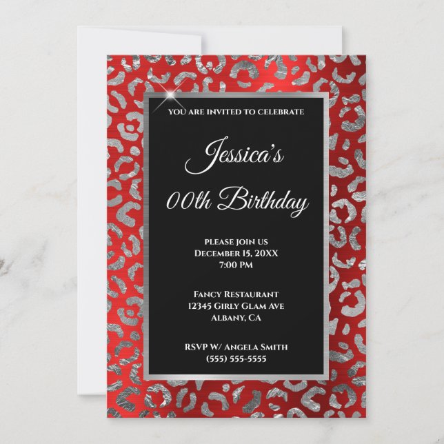 Invitación Cumpleaños de plata y rojo Leopardo Foil (Anverso)