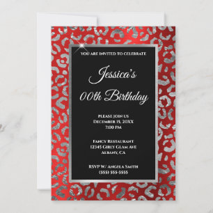 Invitación Cumpleaños de plata y rojo Leopardo Foil