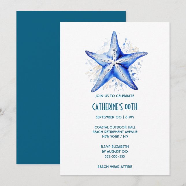Invitación cumpleaños de playa blanca y azul de Starfish (Anverso / Reverso)