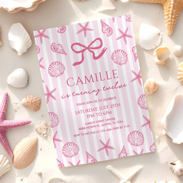 Invitación Cumpleaños de Playa Costera con Lazo Rosa y Concha (Subido por el creador)