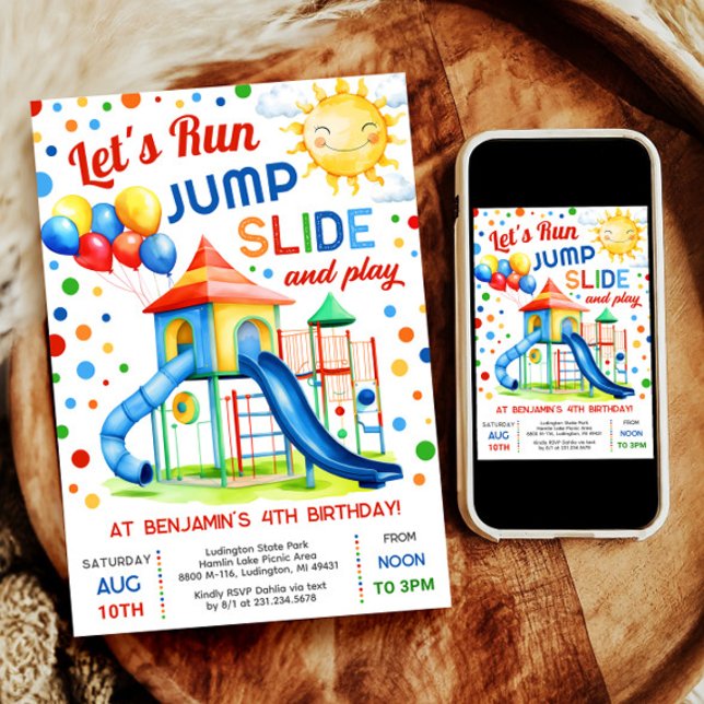 Invitación Cumpleaños de Playground - Ejecutar Jump Slide Pla (Celebrate with our digital Park Slide invitation—perfect for a boy's outdoor playground birthday.)