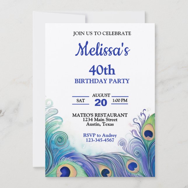 Invitación Cumpleaños de plumas de pavo real verdes y azules  (Anverso)