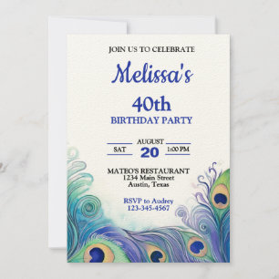 Invitación Cumpleaños de plumas de pavo real verdes y azules 