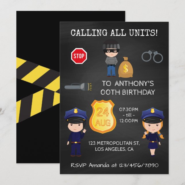 Invitación Cumpleaños de Policías y Ladrones Pizarra (Anverso / Reverso)