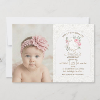 Invitación Cumpleaños de pollito bebé tema floral de primaver