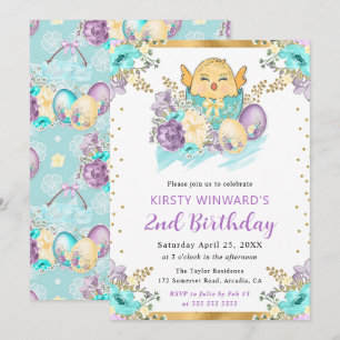 Invitación Cumpleaños de pollito de Pascua floral en acuarela