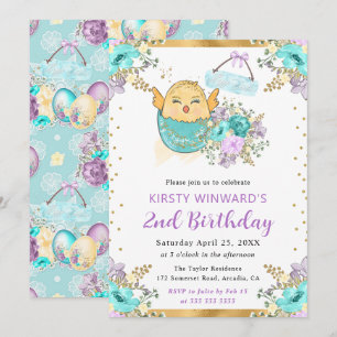 Invitación Cumpleaños de pollito de Pascua floral en acuarela