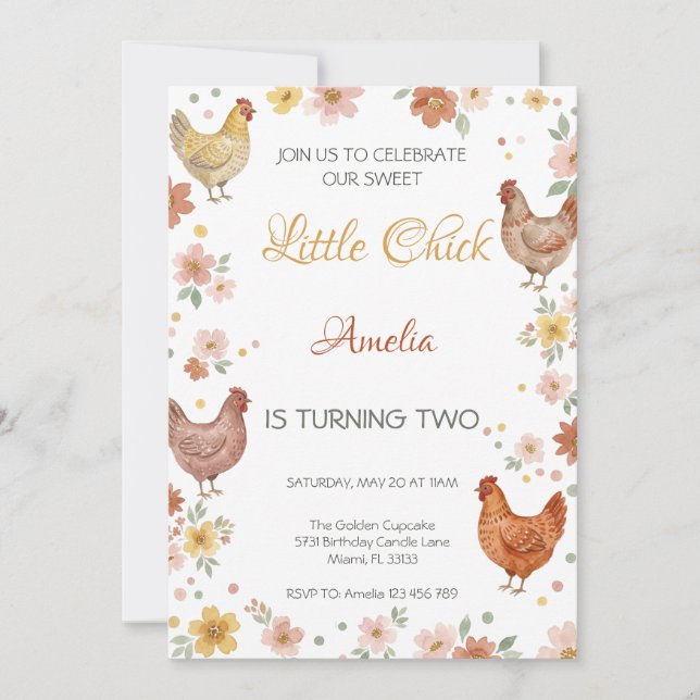 Invitación Cumpleaños de pollito dulce floral de granja (Anverso)