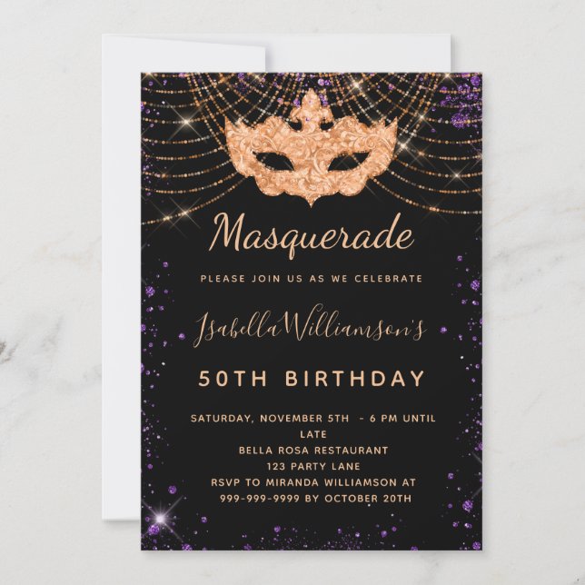Invitación cumpleaños de polvo negro de purpurina de mascarad (Anverso)