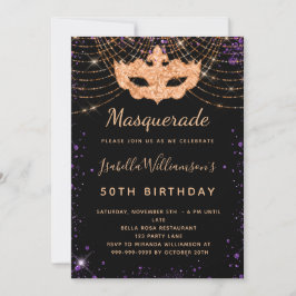 Invitación cumpleaños de polvo negro de purpurina de mascarad