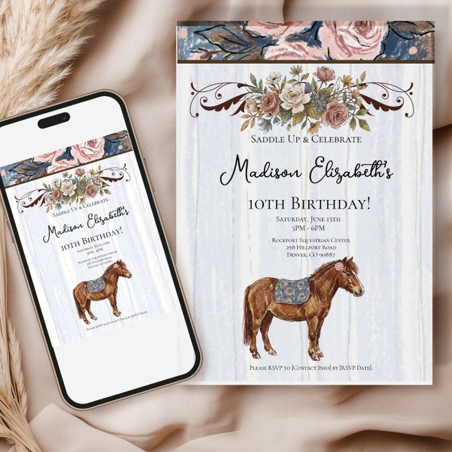 Invitación Cumpleaños de Pony ( This charming theme combines the elegance of French country décor with whimsical pony illustrations)