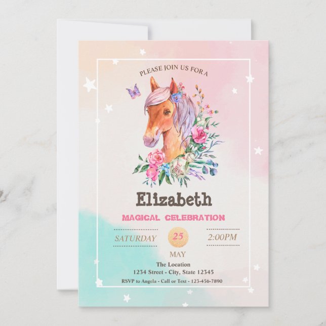 Invitación Cumpleaños de pony bonito adorable (Anverso)