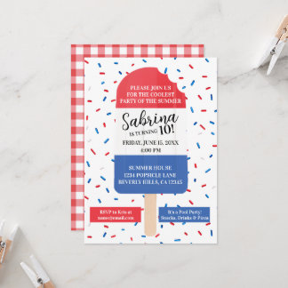 Invitación Cumpleaños de Popsicle de Verano (rojo, blanco y a