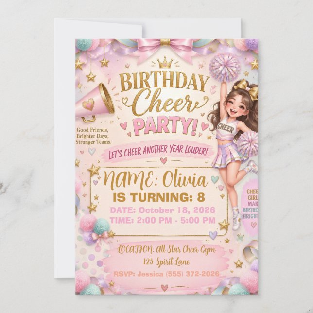 Invitación Cumpleaños de porrista roja (Anverso)