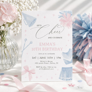 Invitación Cumpleaños de porristas rosa y azul con lazo coque