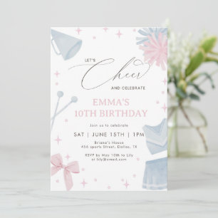 Invitación Cumpleaños de porristas rosa y azul con lazo coque
