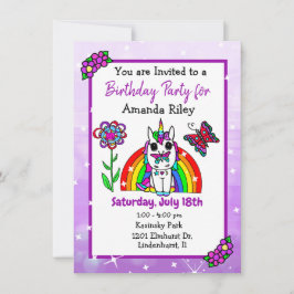 Invitación Cumpleaños de Pretty Purple Unicorn y Rainbow Girl