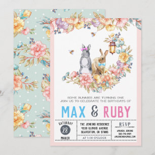 Invitación Cumpleaños de primavera de conejito niño y niña