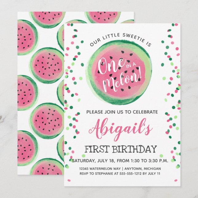 Invitación Cumpleaños de Primera de Sandía Uno en un Melón (Anverso / Reverso)