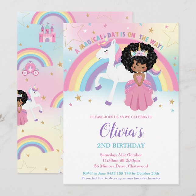 Invitación Cumpleaños de Princesa Africana Unicornio Arcoíris (Anverso / Reverso)