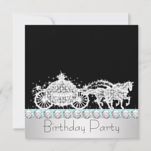 Invitación Cumpleaños de Princesa Azul Teal con Carruaje de C (Anverso)
