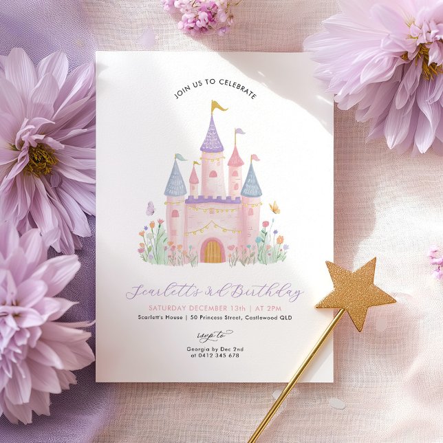 Invitación Cumpleaños de Princesa Castillo Elegante Encantado (Princess Castle Girls Birthday Invitation | Pastel Enchanted Castle )