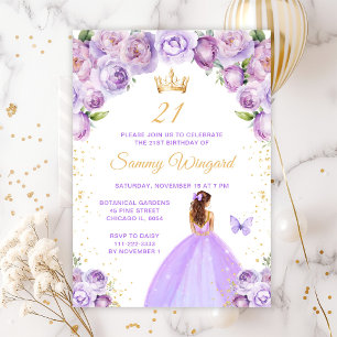 Invitación Cumpleaños de princesa con cabello marrón y púrpur