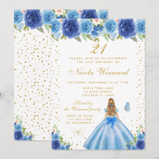 Invitación Cumpleaños de Princesa con Cabello Rubio y Floral  (Anverso / Reverso)