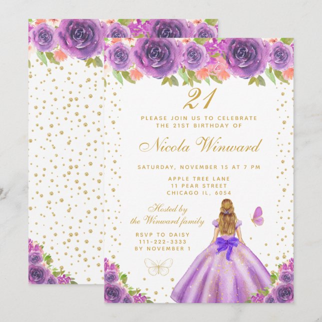 Invitación Cumpleaños de princesa con cabello rubio y flores  (Anverso / Reverso)