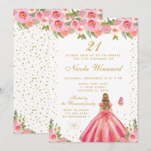 Invitación Cumpleaños de princesa con cabello rubio y flores