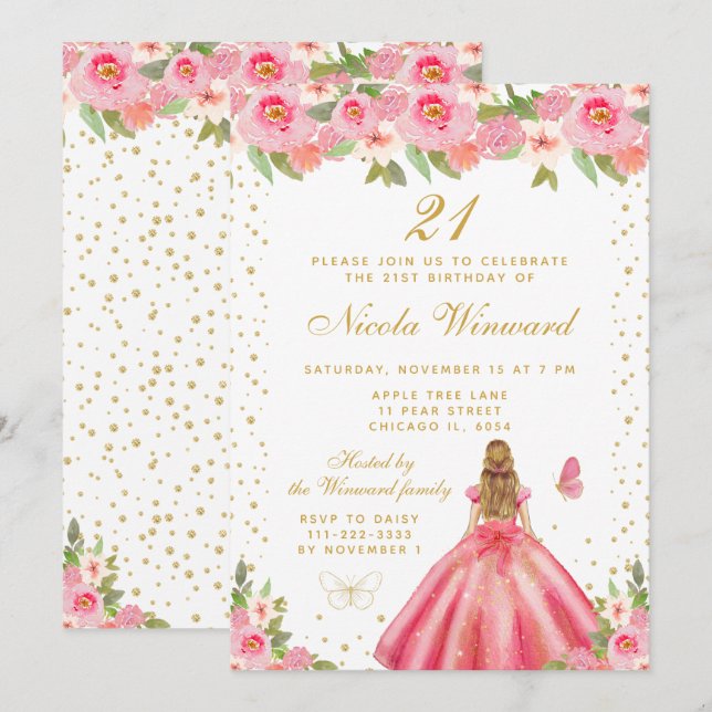 Invitación Cumpleaños de princesa con cabello rubio y flores  (Anverso / Reverso)