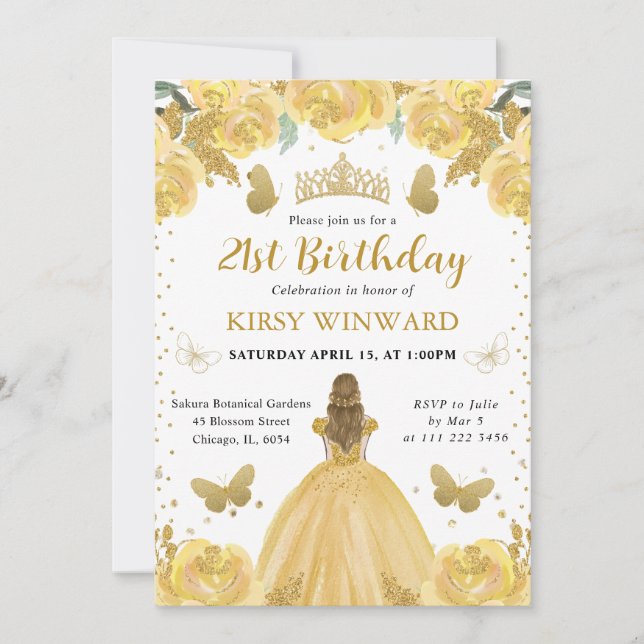 Invitación Cumpleaños de Princesa con Cabello Rubio y Vestido (Anverso)