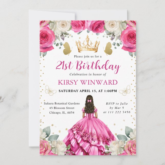 Invitación Cumpleaños de Princesa con Vestido Rosa y Cabello  (Anverso)