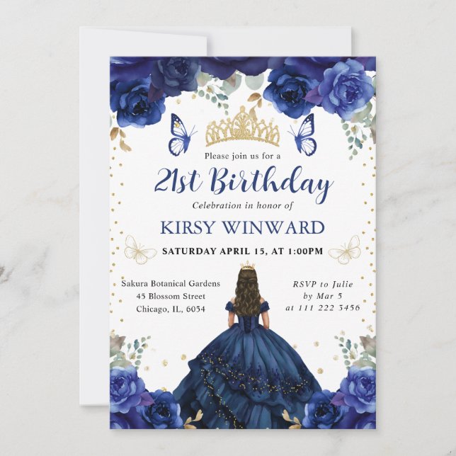 Invitación Cumpleaños de princesa de pelo castaño con vestido (Anverso)