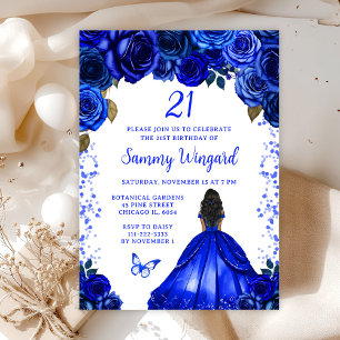 Invitación Cumpleaños de Princesa de Piel Oscura Azul Real