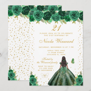 Invitación Cumpleaños de Princesa de Piel Oscura con Floral V