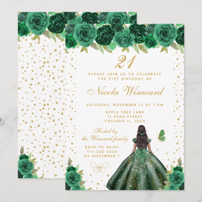 Invitación Cumpleaños de Princesa de Piel Oscura con Floral V (Anverso / Reverso)