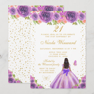 Invitación Cumpleaños de Princesa de Piel Oscura con Flores M