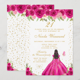 Invitación Cumpleaños de princesa de piel oscura con flores r